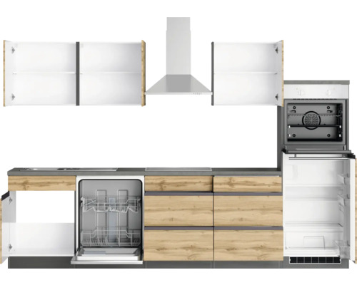 Cuisine complète avec lave-vaisselle, four, réfrigérateur, hotte aspirante et éléments hauts
