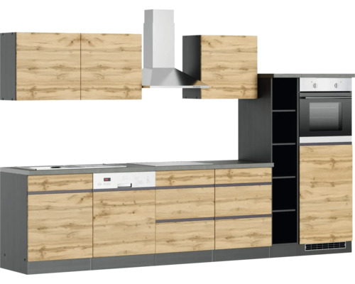 Cuisine complète avec évier, lave-vaisselle, cuisinière, hotte, armoires murales et four