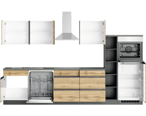 Cuisine équipée avec éléments hauts, hotte aspirante, lave-vaisselle, cuisinière, four et réfrigérateur