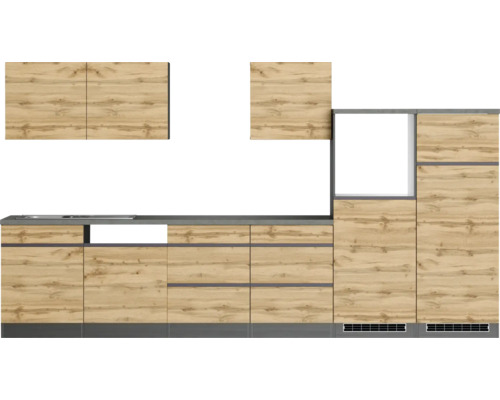 Cuisine équipée avec meubles hauts et bas en aspect bois
