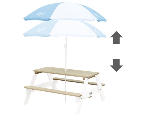 Ensemble de sièges pour enfants avec parasol et flèches indiquant le réglage de la hauteur
