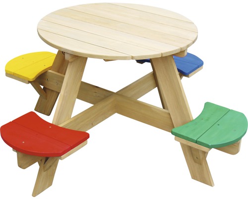 Table de pique-nique pour enfants RAXI UFO ronde 4 places en bois multicolore Ensemble de sièges ronds pour enfants en bois avec quatre sièges