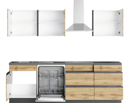 Cuisine moderne avec lave-vaisselle, hotte aspirante et placards hauts