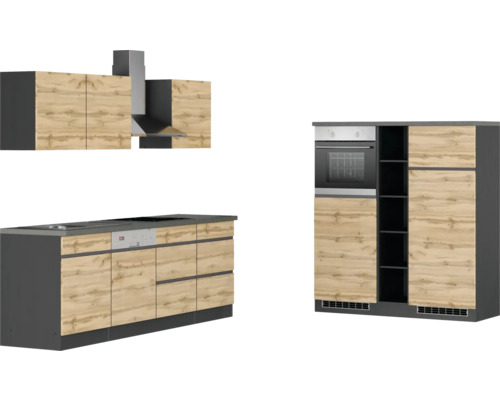 Cuisine avec armoires hautes, hotte aspirante, évier, plaque de cuisson, lave-vaisselle et four encastrable