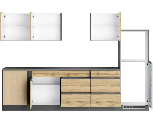 Cuisine équipée avec éléments hauts, éléments bas et tiroirs