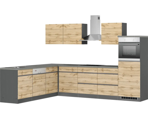 Komplette Küchenzeile mit Ober- und Unterschränken, Dunstabzugshaube und Einbaubackofen