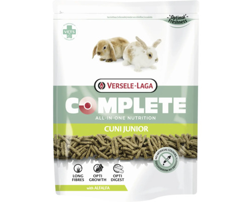 Aliment pour rongeurs VERSELE-LAGA Complete Cuni Junior 500g à 100% extrudé, sans céréales. Spécialement conçu pour les jeunes lapins jusqu'à l'âge de 6 à 8 mois, en sachet fraîcheur.