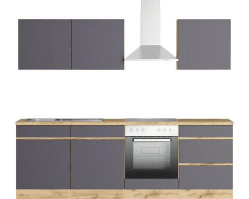 Cuisine équipée avec évier, plaque de cuisson, four et hotte aspirante