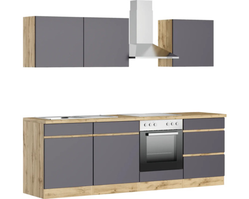 Cuisine complète avec meubles hauts, hotte aspirante, évier, plaque de cuisson et four