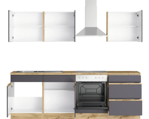 Cuisine équipée avec évier, plaque de cuisson, four et hotte aspirante