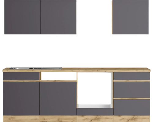 Küchenzeile mit Unterschränken, Arbeitsplatte und Hängeschränken