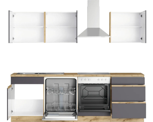 Cuisine avec lave-vaisselle, cuisinière, hotte et éléments hauts dans un style moderne