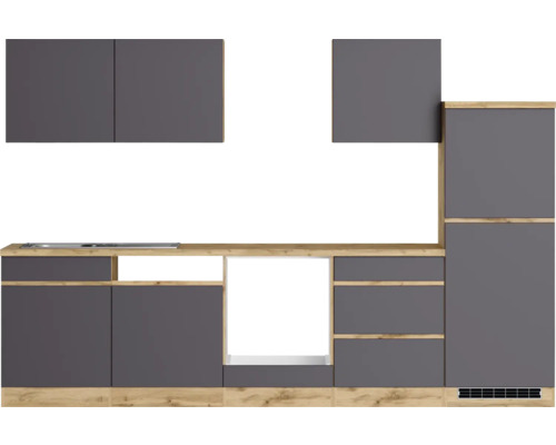 Moderne Küche mit grauen Schränken und hellem Holzdekor