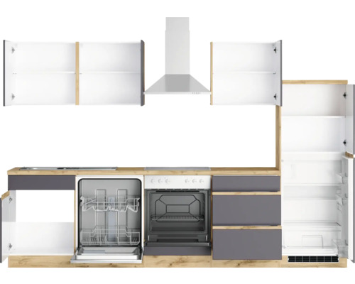 Cuisine complète avec éléments hauts, évier, lave-vaisselle, cuisinière, four, hotte aspirante et réfrigérateur