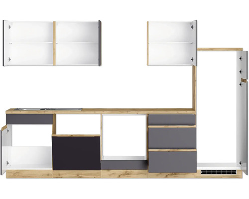 Küchenzeile mit Unterschränken, Schubladen und Hängeschränken