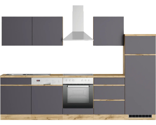 Cuisine complète avec évier, lave-vaisselle, cuisinière, four, hotte aspirante et armoires murales