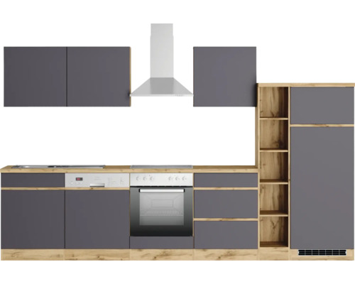 Cuisine complète avec évier, cuisinière, four, lave-vaisselle, hotte aspirante, éléments hauts et armoire intégrée