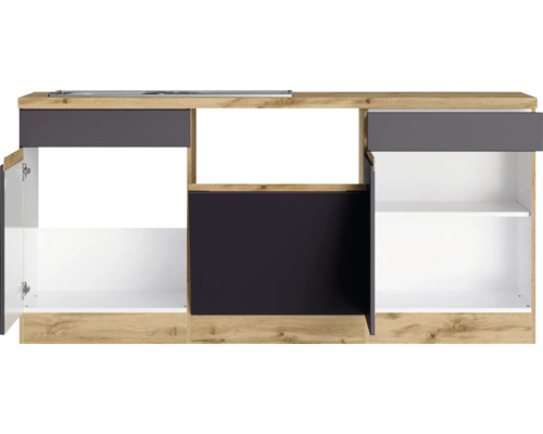 Cuisine équipée avec évier, armoire et tiroirs