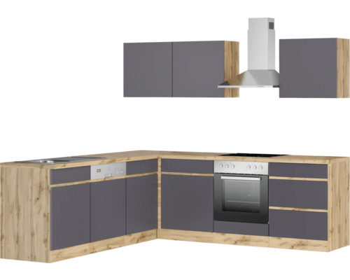 Cuisine complète avec évier, lave-vaisselle, cuisinière, four, hotte aspirante et armoires suspendues