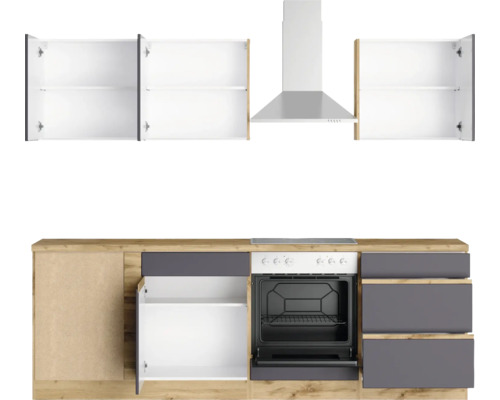 Cuisine moderne avec placards hauts, hotte aspirante, cuisinière et tiroirs