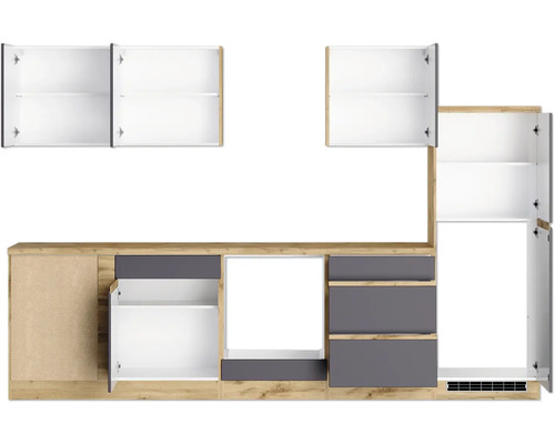 Cuisine linéaire avec éléments hauts, éléments bas et tiroirs