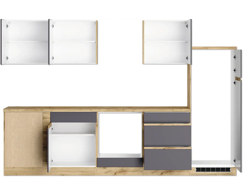 Cuisine équipée avec éléments hauts et bas et tiroirs