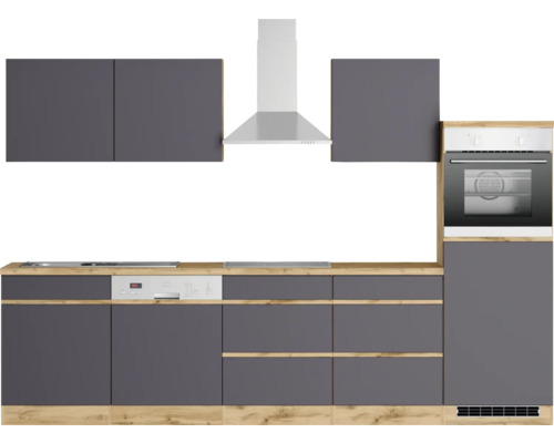 Cuisine complète avec éléments hauts, hotte aspirante, lave-vaisselle et four