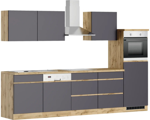 Cuisine équipée avec armoires, hotte aspirante, lave-vaisselle et four