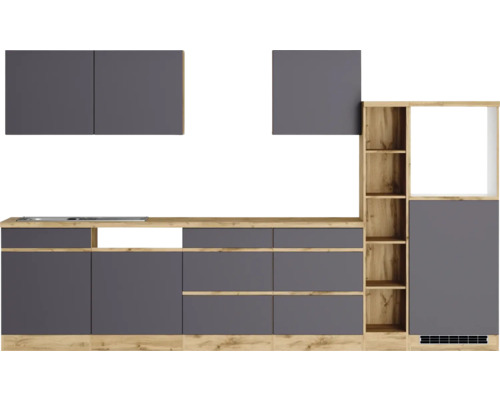 Cuisine équipée avec éléments hauts et bas en aspect bois et gris foncé