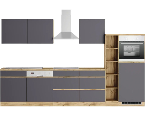 Cuisine équipée avec évier, cuisinière, hotte aspirante, lave-vaisselle, four et armoires