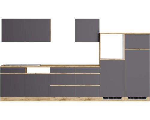 Cuisine moderne avec armoires grises et détails en bois