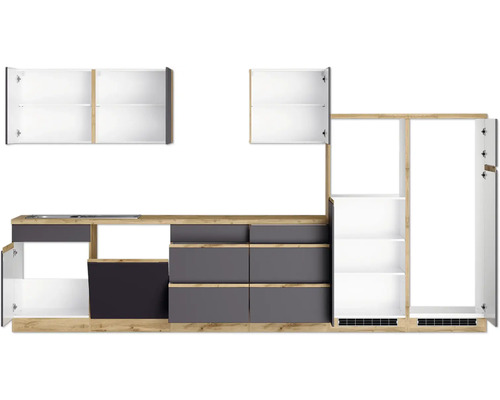 Cuisine moderne avec armoires suspendues, tiroirs et étagères