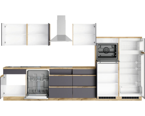 Cuisine avec lave-vaisselle, cuisinière, hotte et réfrigérateur