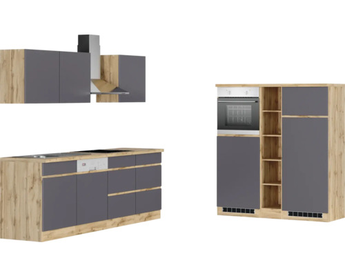 Cuisine moderne avec évier, plaque de cuisson, lave-vaisselle, four et hotte aspirante