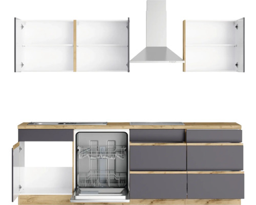 Cuisine complète avec lave-vaisselle, hotte aspirante, évier, plaque de cuisson et éléments hauts