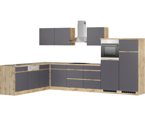 Komplette Küchenzeile mit Hängeschränken, Dunstabzugshaube und Einbaubackofen