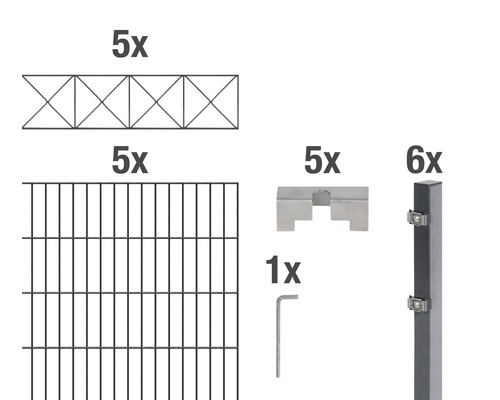 ALBERTS Kit de panneaux rigides double fil Nexus 200 x 100 cm, 10 m anthracite Composants d''un système de clôture : cinq panneaux grillagés, cinq éléments décoratifs, cinq supports de clôture, six poteaux de clôture et un outil de montage