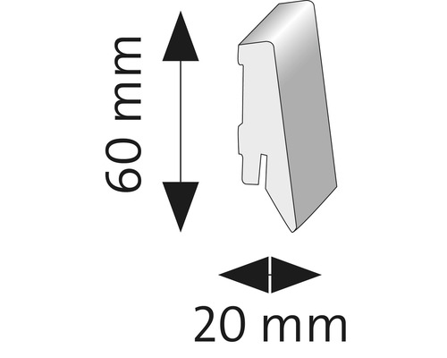 Illustration d''une plinthe avec des dimensions de 60 mm de hauteur et 20 mm de largeur