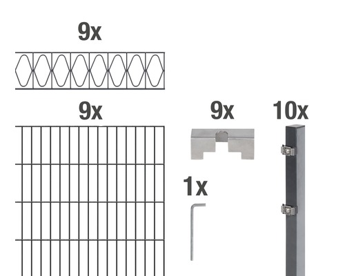 ALBERTS Kit de panneaux rigides double fil Eleganz 200 x 100 cm, 18 m anthracite Composants d''un kit de clôture : neuf éléments de clôture, neuf moulures décoratives, neuf supports, dix poteaux et une clé.