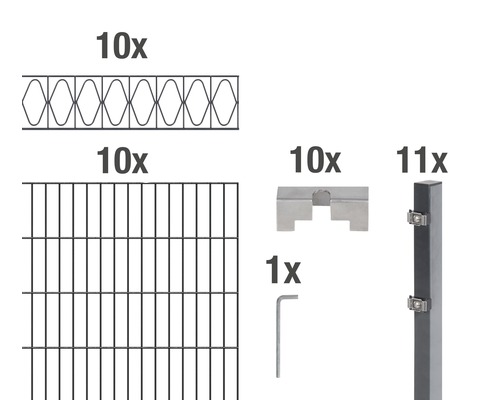 ALBERTS Kit de panneaux rigides double fil Eleganz 200 x 100 cm, 20 m anthracite Composants d''un kit de clôture comprenant des éléments de clôture, des poteaux, des supports et des outils