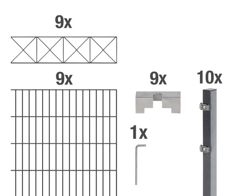 ALBERTS Kit de panneaux rigides double fil Nexus 200 x 100 cm, 18 m anthracite Composants d''un kit de clôture : neuf treillis, neuf éléments décoratifs, neuf clips de fixation, dix poteaux et une clé Allen