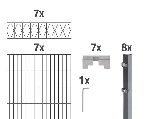 ALBERTS Kit de panneaux rigides double fil Eleganz 200 x 140 cm, 14 m anthracite Pièces détachées d''un kit de clôture : sept barreaux de remplissage, sept panneaux grillagés, sept équerres de raccordement de clôture, huit poteaux de clôture et une clé