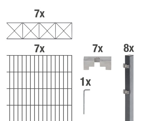 ALBERTS Kit de panneaux rigides double fil Nexus 200 x 140 cm, 14 m anthracite Composants d''un kit de clôture : sept grilles, sept moulures décoratives, sept supports, huit poteaux et un outil