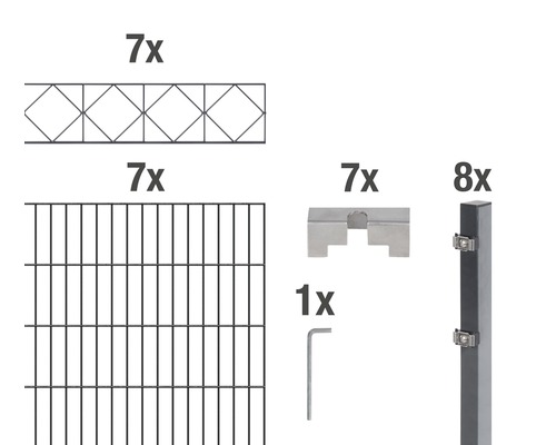 ALBERTS Kit de panneaux rigides double fil Bergen 200 x 160 cm, 14 m anthracite Éléments d''un système de clôture : sept panneaux de clôture à motif losanges, sept panneaux de clôture grillagés, sept supports de clôture, une clé et huit poteaux de clôture