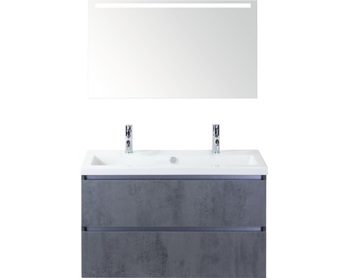 Ensemble de meubles de salle de bains Vogue 100 cm avec lavabo en céramique 2 trous pour robinetterie et miroir avec éclairage LED béton anthracite