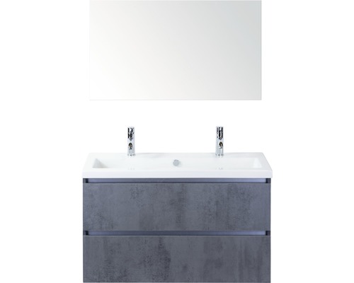 Ensemble de meubles de salle de bains Vogue 100 cm avec lavabo en céramique 2 trous pour robinetterie et miroir béton anthracite