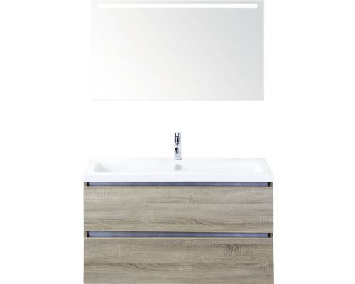 Badmöbel-Set Vogue 100 cm mit Keramikwaschtisch und Spiegel mit LED-Beleuchtung Eiche grau