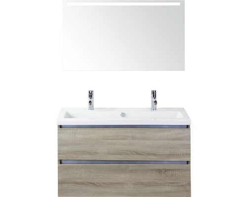 Ensemble de meubles de salle de bains Vogue 100 cm avec lavabo en pierre naturelle 2 trous pour robinetterie et miroir avec éclairage LED chêne gris