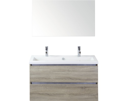 Ensemble de meubles de salle de bains Vogue 100 cm avec lavabo en céramique 2 trous pour robinetterie et miroir chêne gris