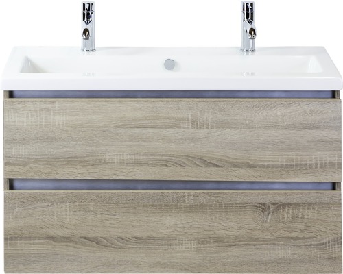 Ensemble de meubles de salle de bains Vogue 100 cm avec vasque en céramique 2 trous pour robinetterie chêne gris